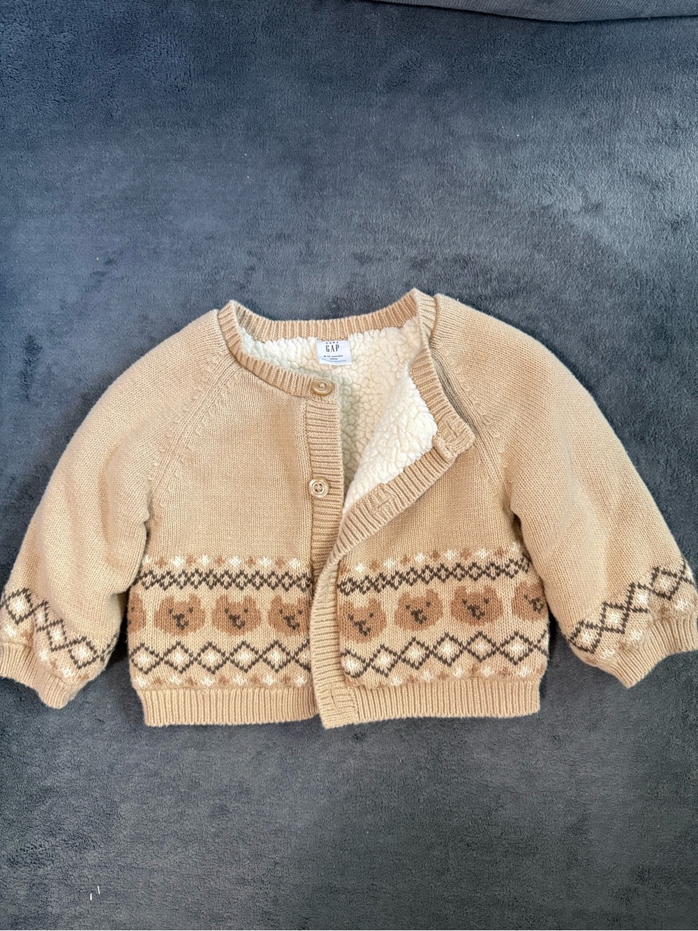 GAP Tan Sherpa-Lined Knit Cardigan with Bear Pattern